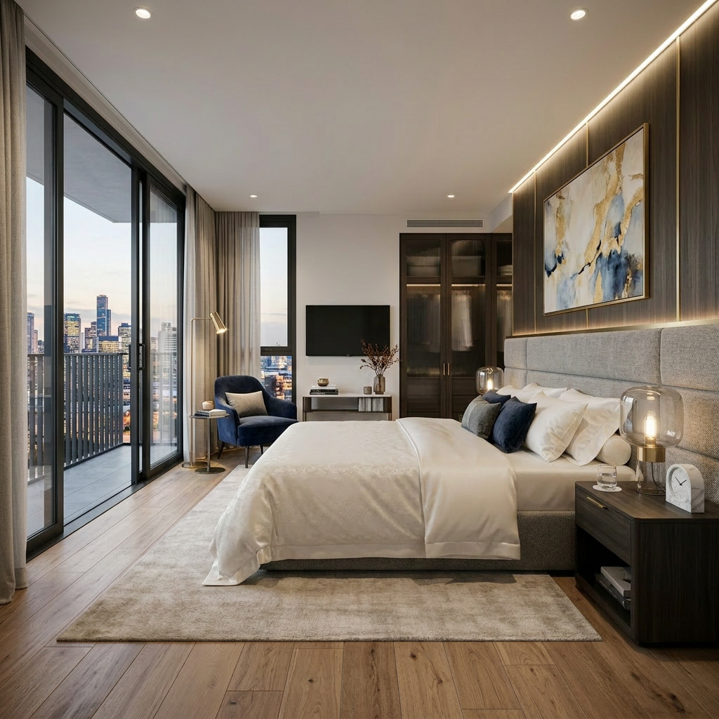 Modern bedroom with large bed, armchair, nightstands, and sliding glass doors showing cityscape